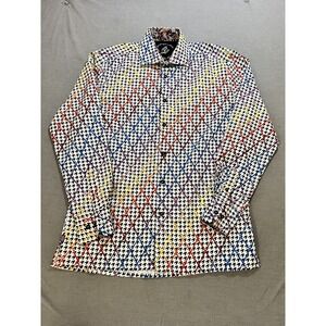 Steven Land Button Shirt Mens Medium 15 1/2 White Rainbow Check‎ Long Sleeve